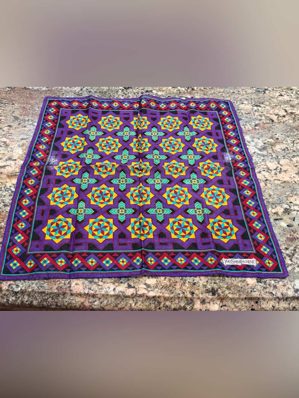 Yves Saint Laurent Purple Geometric cotton handkerchief with Multicolor Motifs